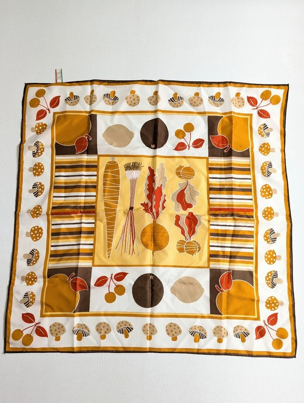 Vtg Morsly NY 70's Mushroom Cherries Vegetable Square Scarf Japan Mod
